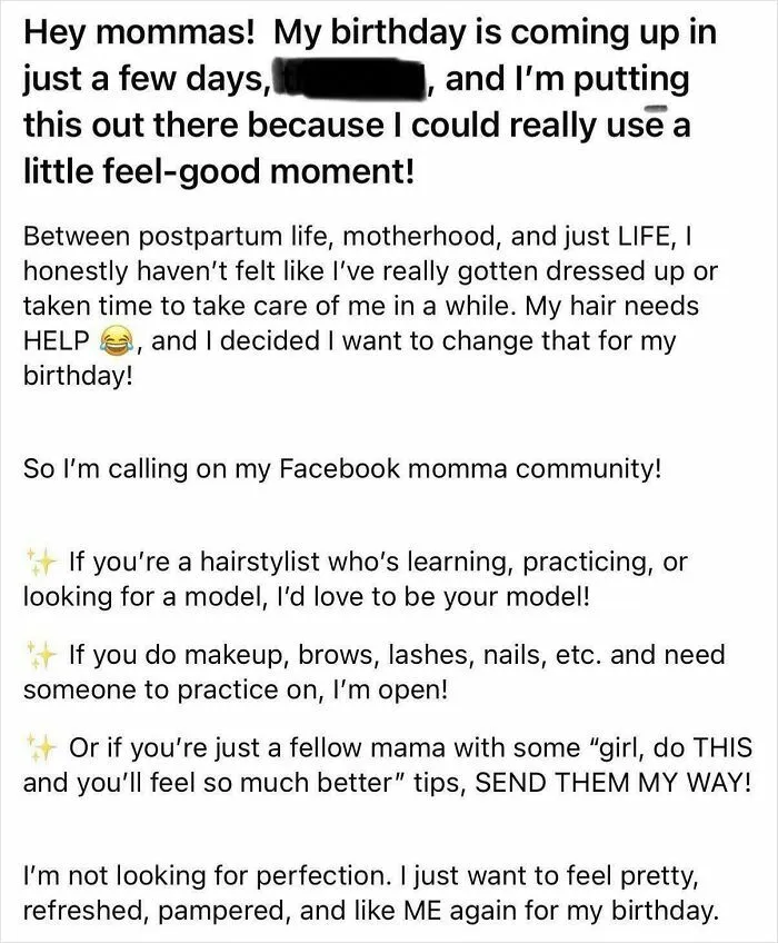 A Facebook post of a mom asking for free beauty services, showing main character lives mindset