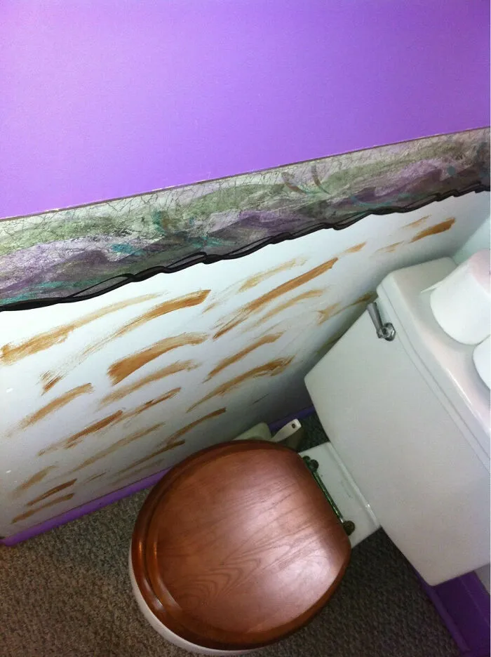 Brown painted streaks on a bathroom wall next to a toilet in a house with terrible decor.