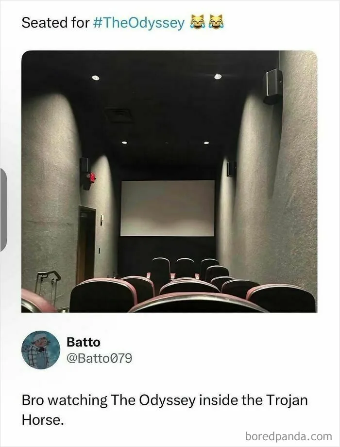 Empty theater inside Trojan Horse referencing Odyssey meme procrastination