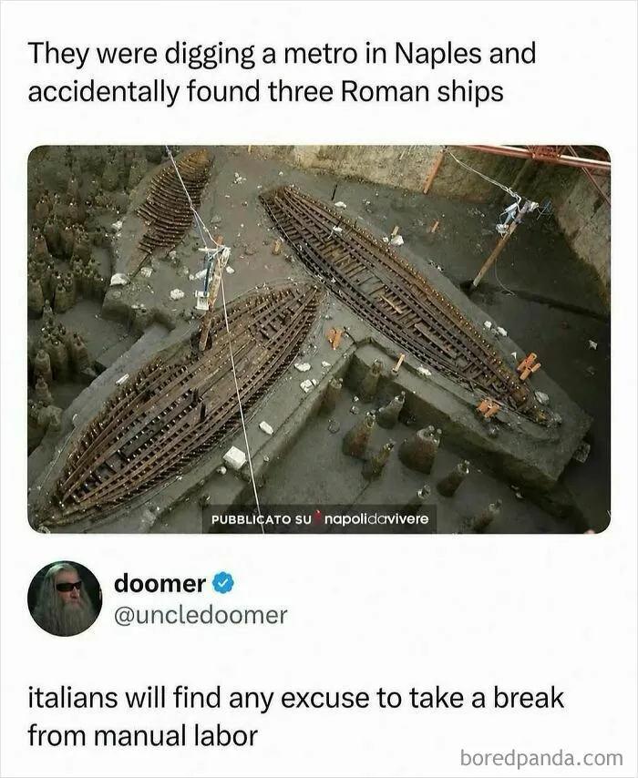 Image of ancient Roman shipwrecks found during metro digging in Naples with humor on procrastination