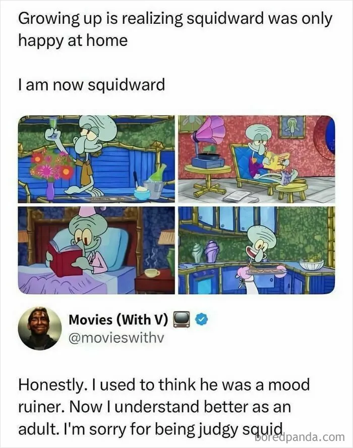 Squidward cartoon scenes showing he was only happy at home as a kid