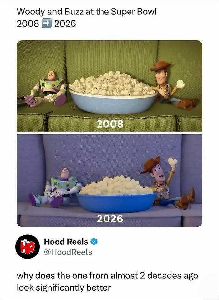 Toy story characters Woody and Buzz with popcorn comparing 2008 and 2026 visuals