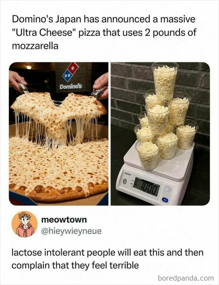 Domino's Japan Ultra Cheese pizza with 2 pounds mozzarella and cups of cheese on scale