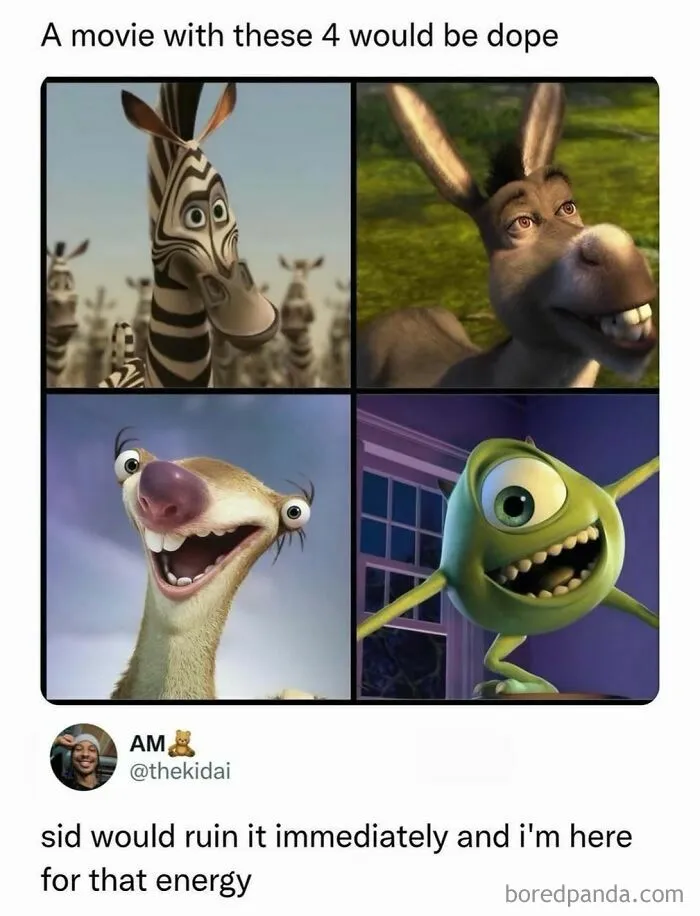 Animated characters from various movies featured in a meme about a movie with these four