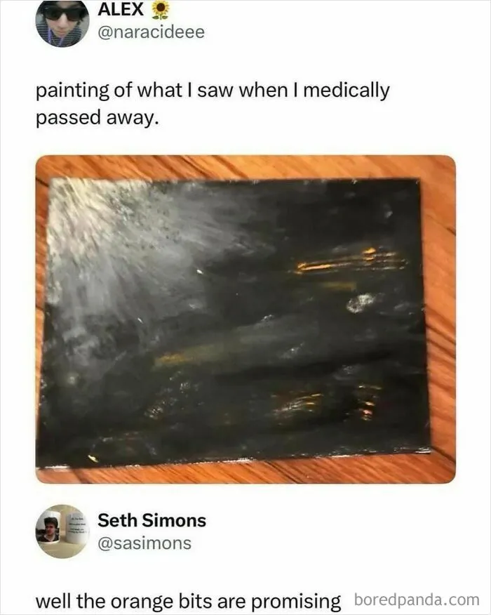 Painting with predominantly black background and orange hues depicting near-death experience imagery