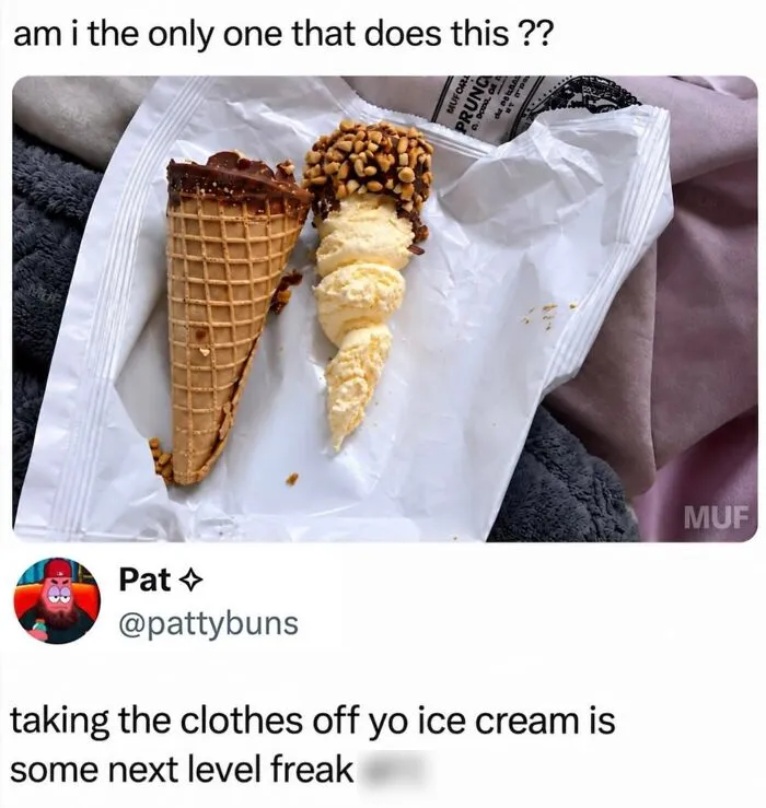 Ice cream cone separated from its ice cream showing a wild-memes-thehomie joke