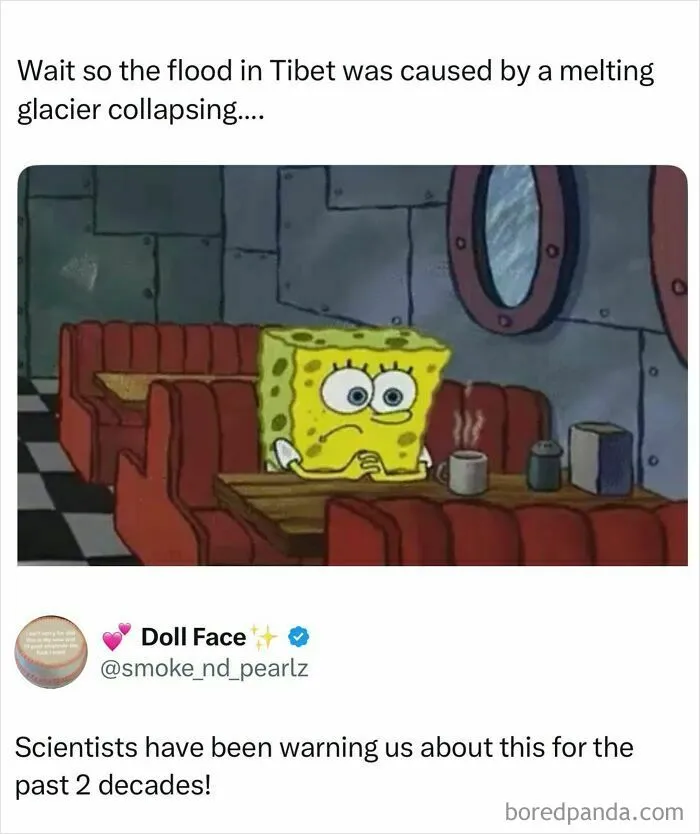 SpongeBob sitting worried in booth meme about Tibet flood and melting glacier