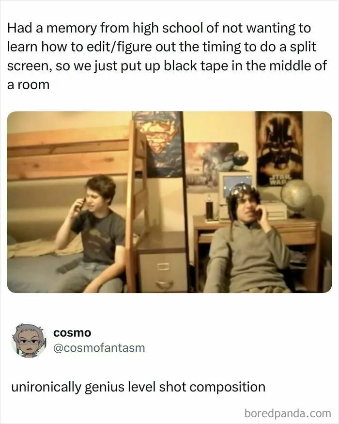 Wild memes creative split screen shot using black tape in room