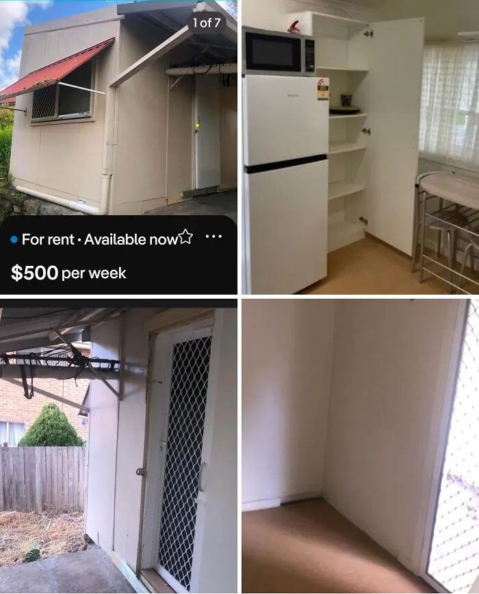 Four photos showing a small, run-down shed-like apartment listed as a renting and booking unit for 500 dollars.
