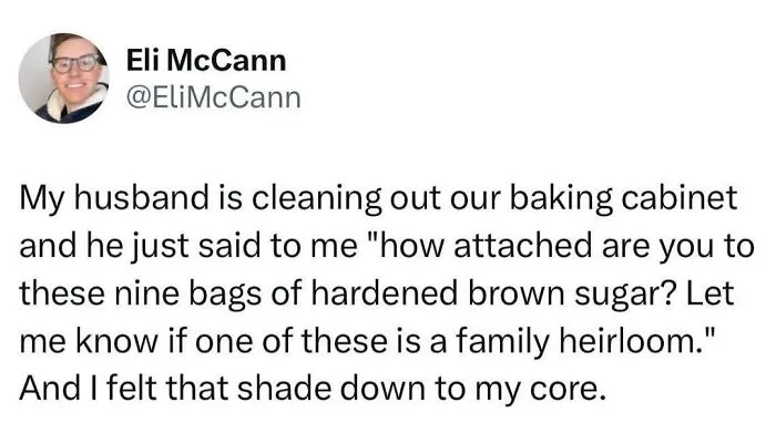 A funny millennial meme tweet about cleaning a baking cabinet and finding old hardened brown sugar