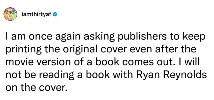 A text post about hating movie tie-in book covers, displaying relatable funny millennial memes.