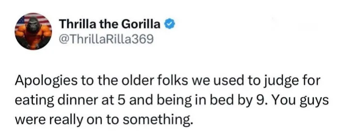 Funny millennial meme of a tweet about realizing the wisdom of older folks going to bed early.