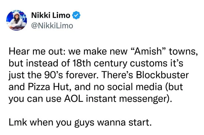 Relatable millennial memes discussing a nostalgic 90s-themed Amish town.