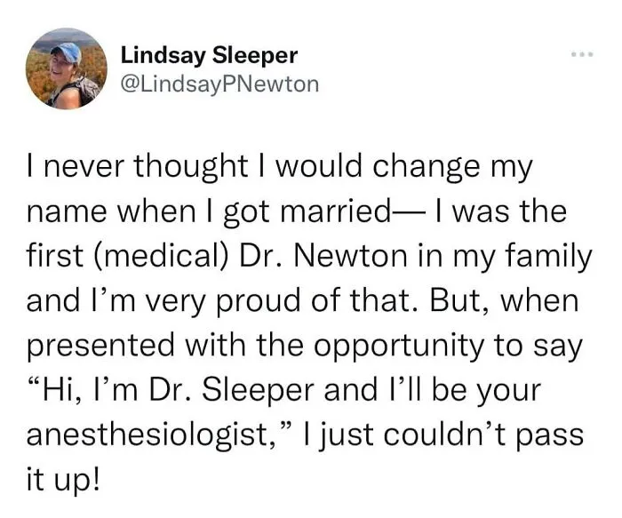 A funny millennial meme screenshot of a tweet by a doctor about choosing a funny married name.