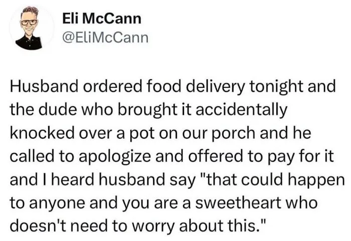 A wholesome Twitter post about a food delivery driver, perfect for relatable funny millennial memes