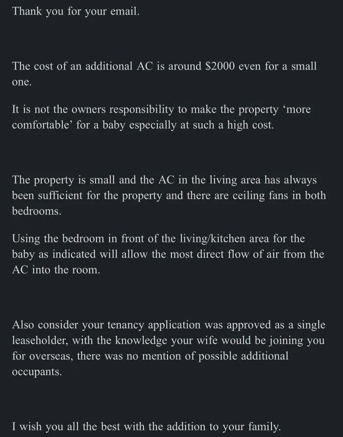 A tenant email highlighting frustrating renting experiences over property heating and cooling costs.