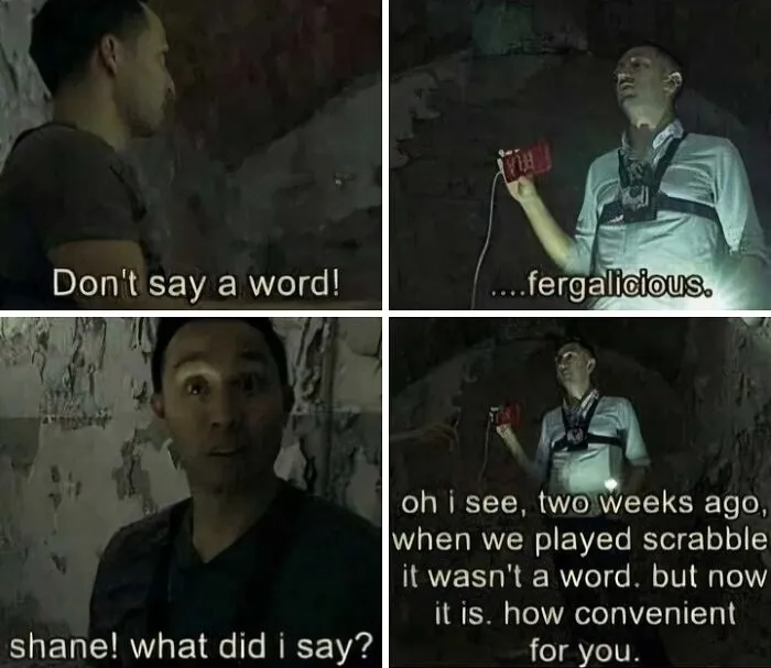 Scrabble word dispute meme with two men and dialogue about word legality