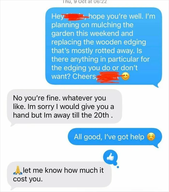 Text messages between landlord and tenant about garden mulching, illustrating common renting experiences.
