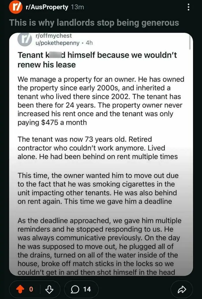 Reddit post sharing a dark renting and booking story of a tenant refusing to move out