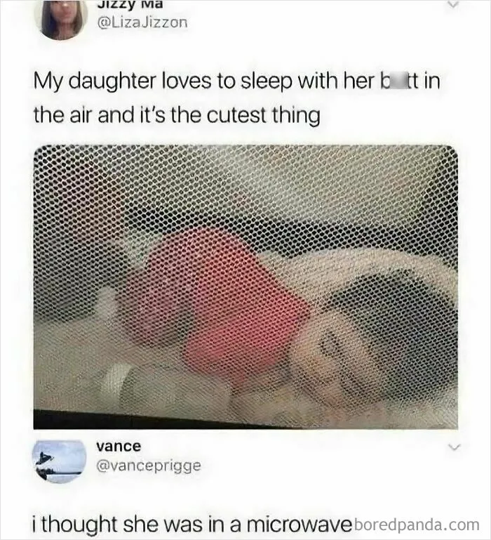 Edgy meme about a daughter sleeping with butt in the air mistaken for a microwave moment