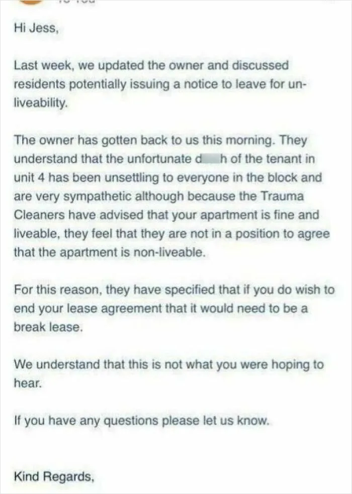 An email from a landlord refusing to let a tenant leave without a break lease penalty