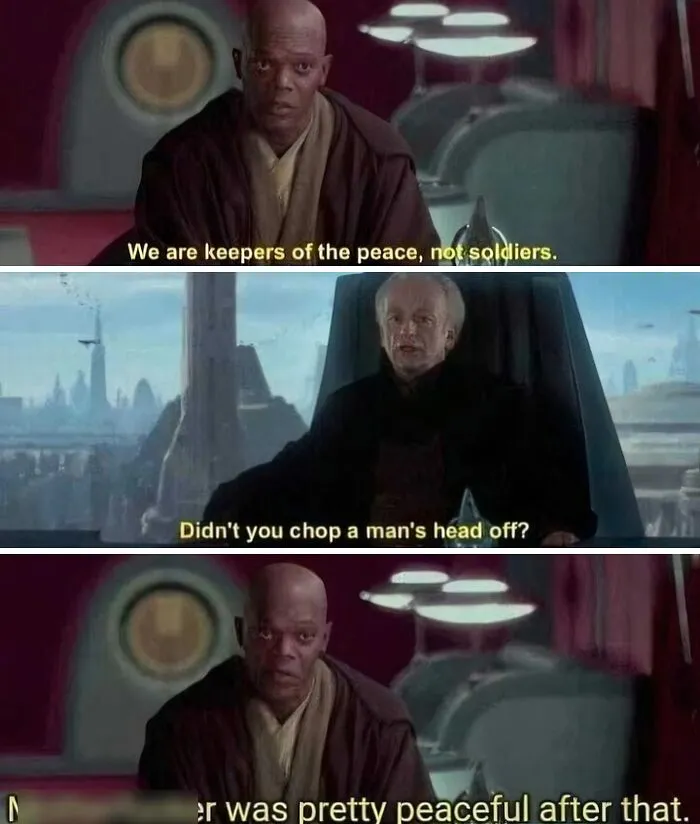 Star Wars meme about peacekeepers questioning chopping heads off