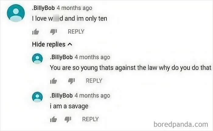 A YouTube comment thread by BillyBob arguing with himself, showing he pretended to be someone else.