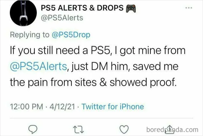 Twitter screenshot where a user pretended to be someone else recommending a PS5 alert account
