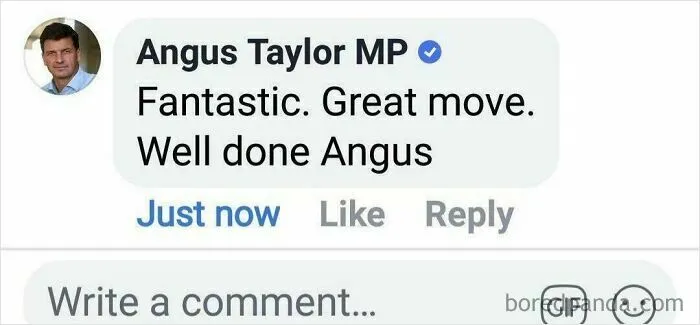 Facebook comment screenshot where a politician pretended to be someone else to compliment himself.