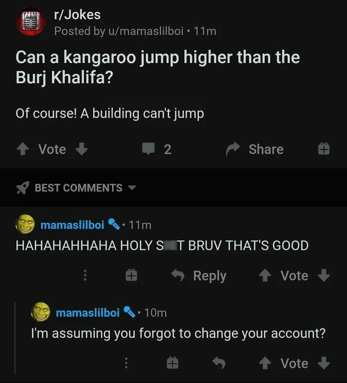 Reddit post screenshot of a user who pretended to be someone else by replying to their own joke with the same account.
