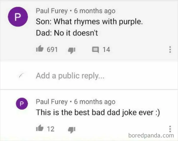 YouTube comment thread showing a person who pretended to be someone else to praise their own dad joke.