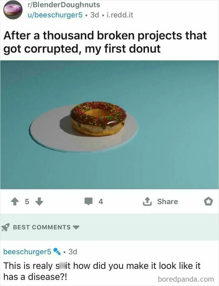 A Reddit post of a 3D donut model where the creator forgot to switch accounts and criticized their own work
