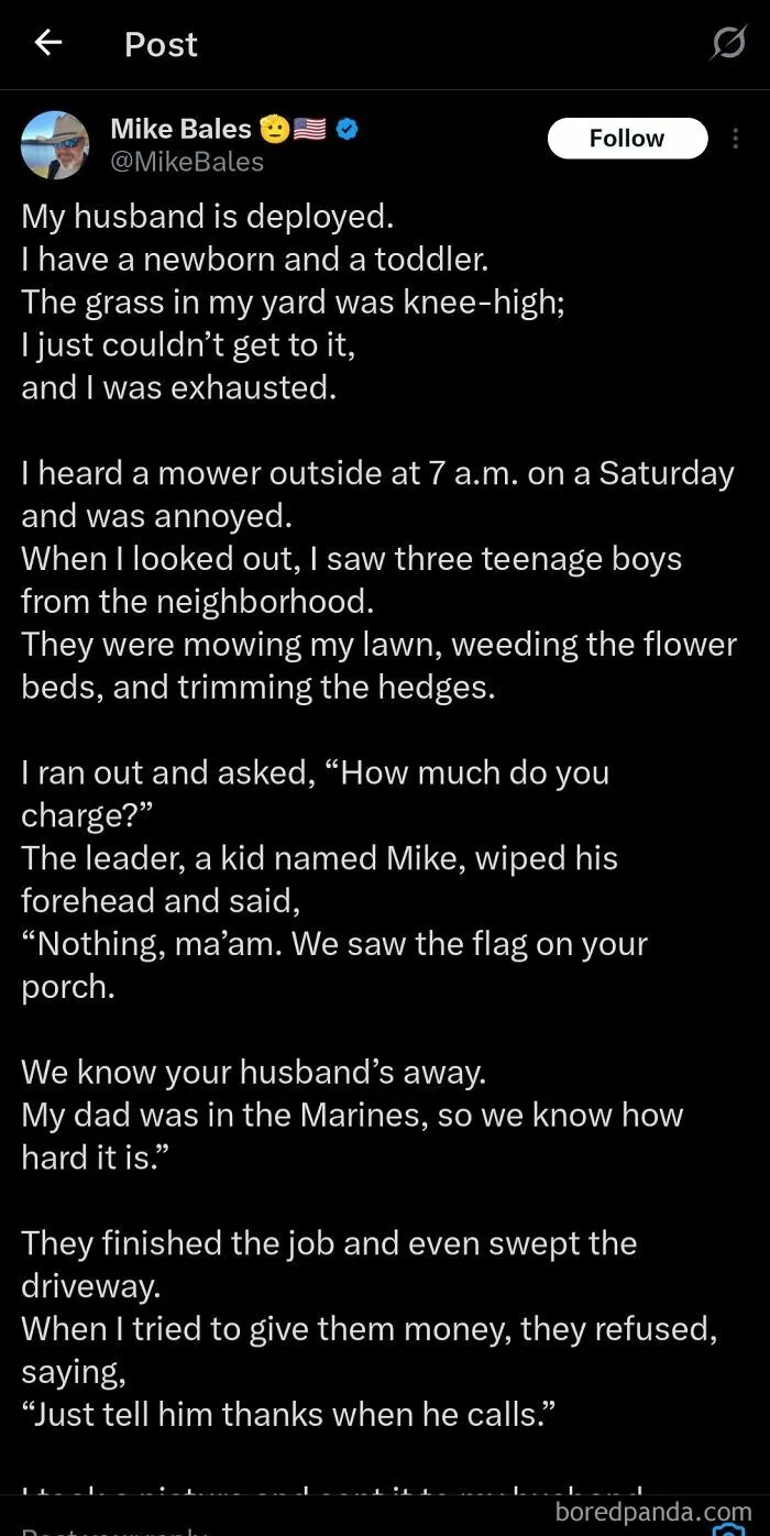 A social media post where a user pretended to be someone else to share a fake heartwarming story about mowing lawns.