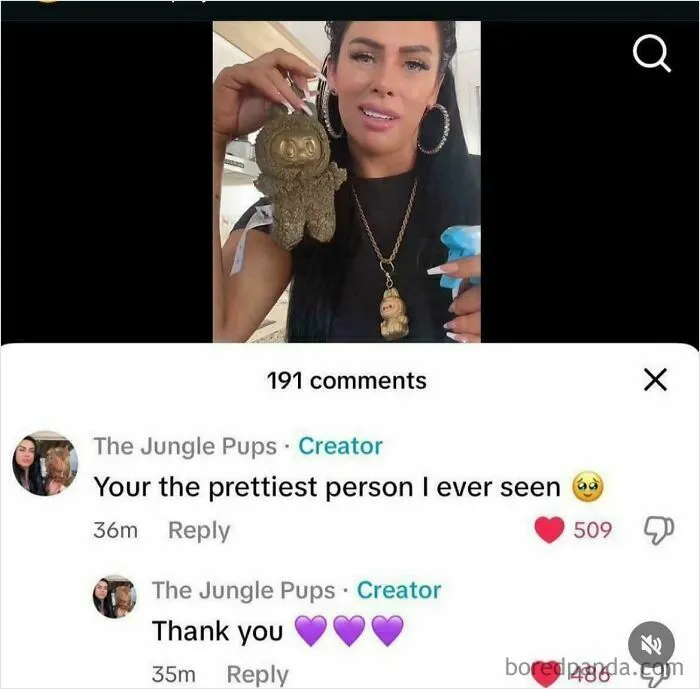 A TikTok comment section where a creator pretended to be someone else to compliment her own appearance