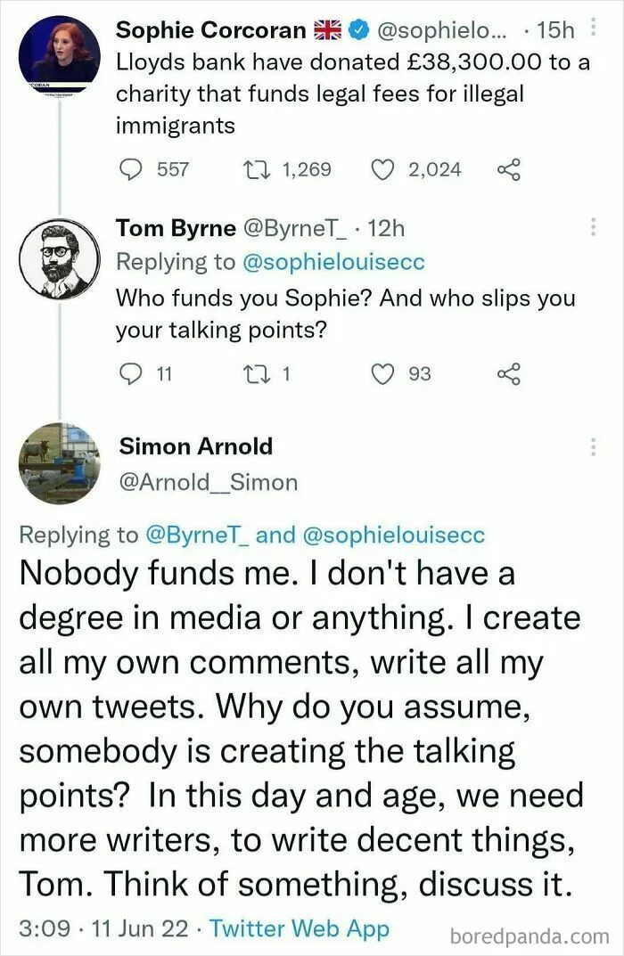 Twitter exchange showing a user replying to a question aimed at another, pretending to be someone else.