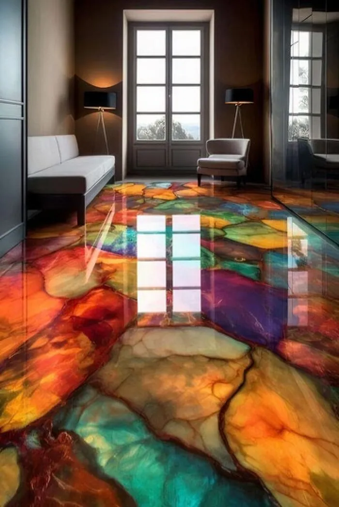 Luxurious houses hallway design featuring an extremely glossy colorful agate stone floor