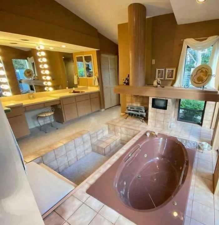 A brown bathroom interior showcasing bad houses design choices