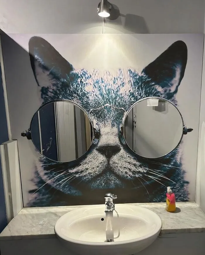 A quirky bathroom mirror in the shape of round glasses on a large cat face mural above a sink, showing houses vision.