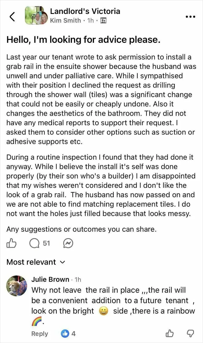 An online landlord forum post about shower rail installations, showing difficult renting experiences.