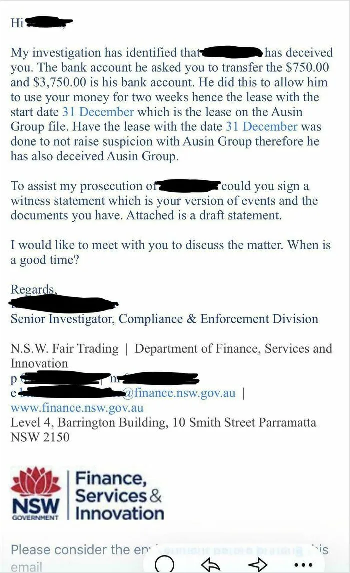 Official letter about a fraudulent renting and booking scheme investigated by NSW Fair Trading