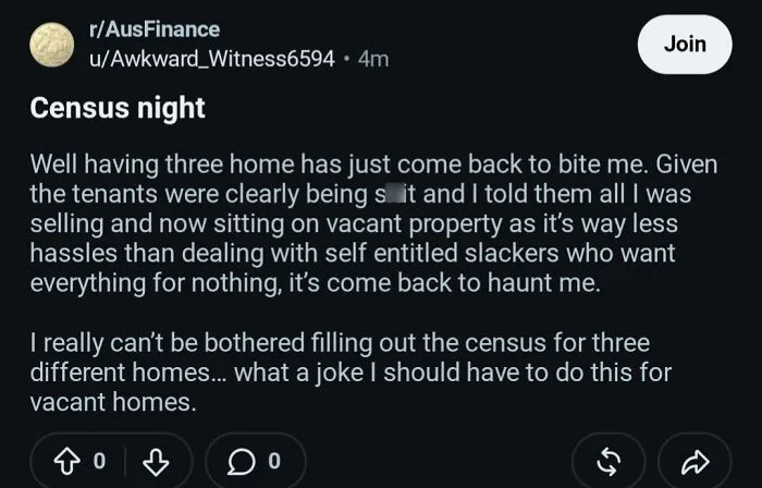 A screenshot of a landlord complaining about census night for three vacant renting properties