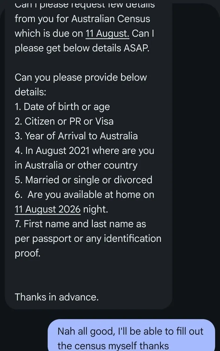Text messages from a renting process asking for census information.