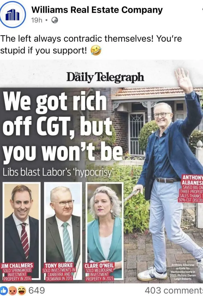 A news article post discussing renting and housing market hypocrisy.