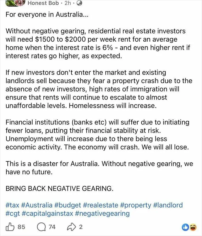 A social media post arguing against negative gearing changes, reflecting issues in renting and booking homes.