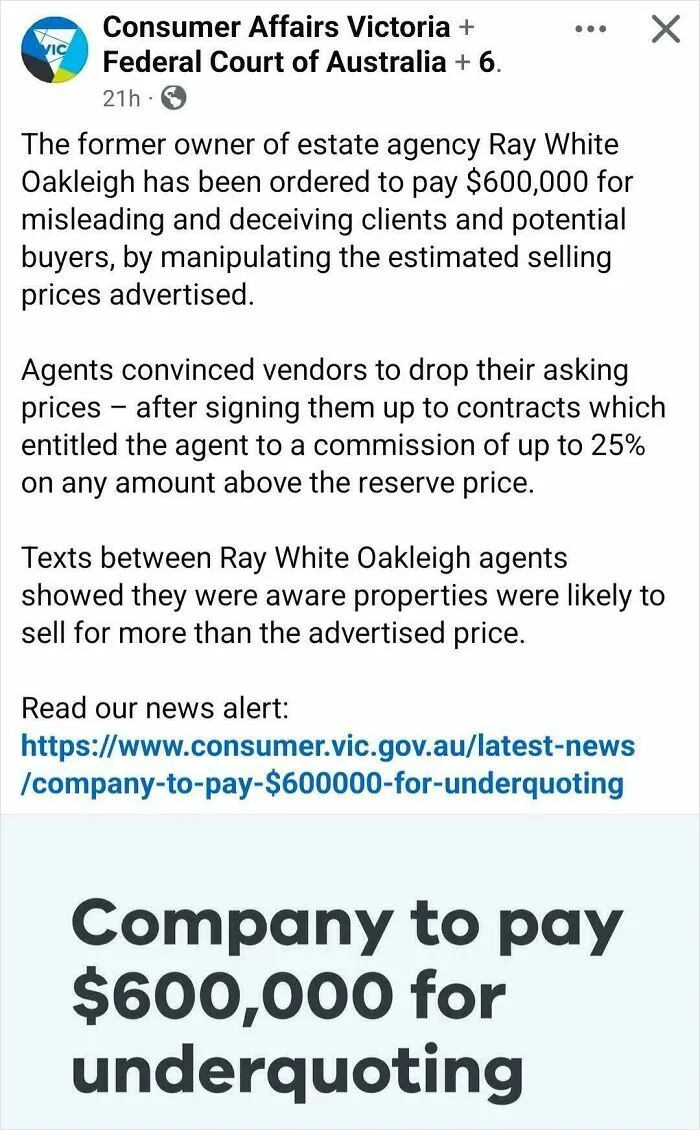 A news screenshot about renting and booking agency fined $600,000 for underquoting