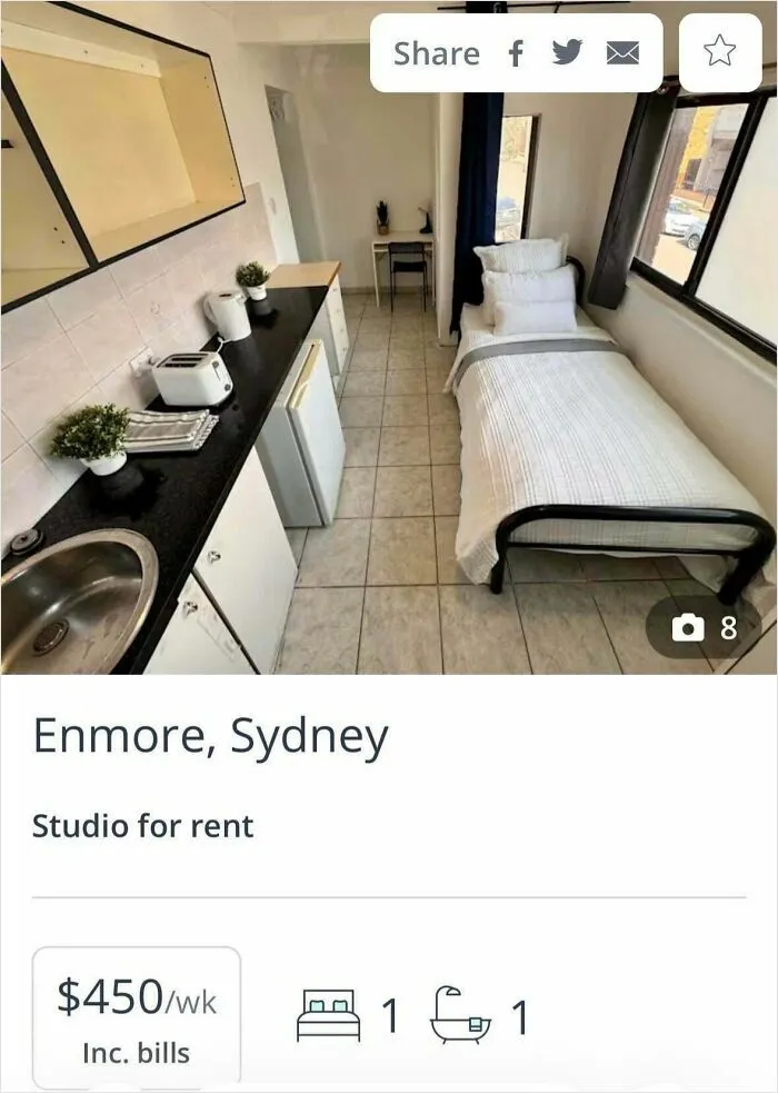 An extremely narrow studio for rent in Sydney, showing regrettable renting and booking experiences.