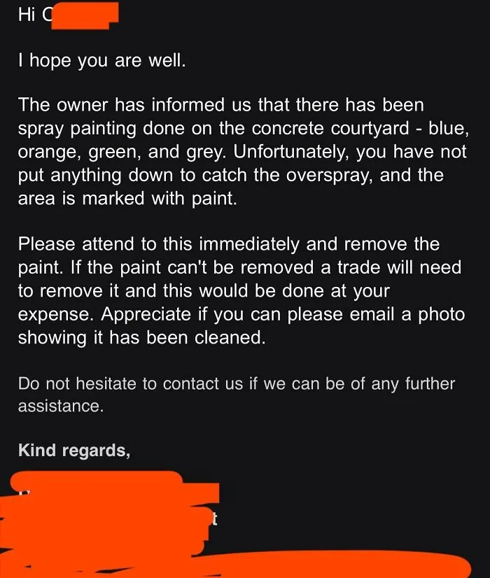 Screenshot of an email about a renting and booking dispute regarding paint overspray on a courtyard.