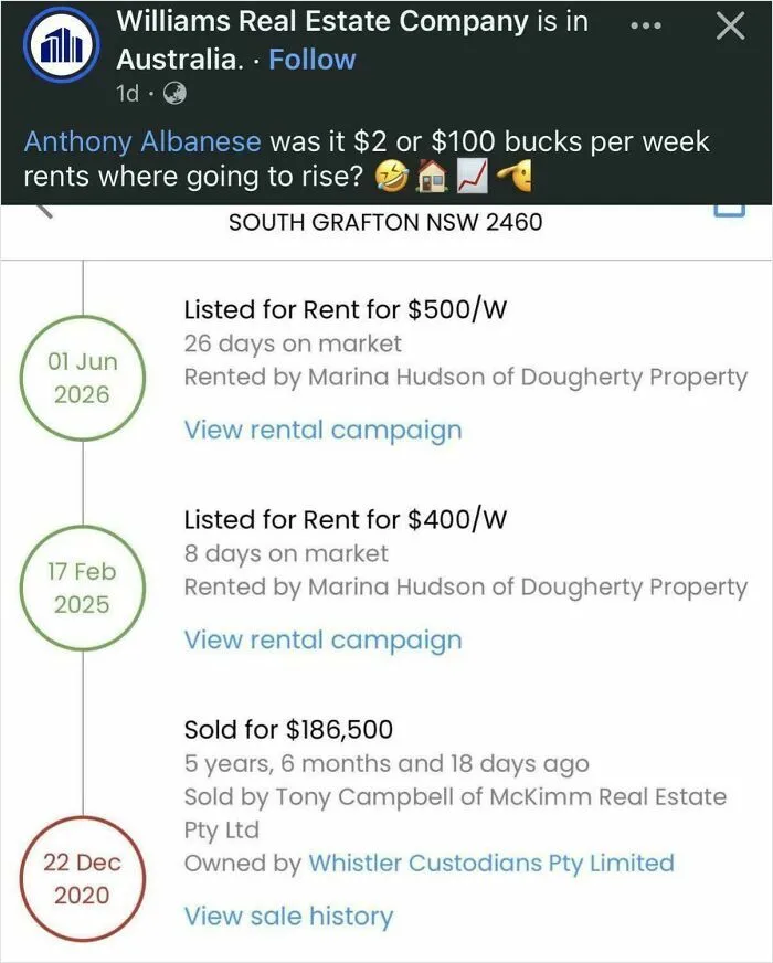 Listing history screenshot showing massive rent price hikes over five years, a common renting concern.