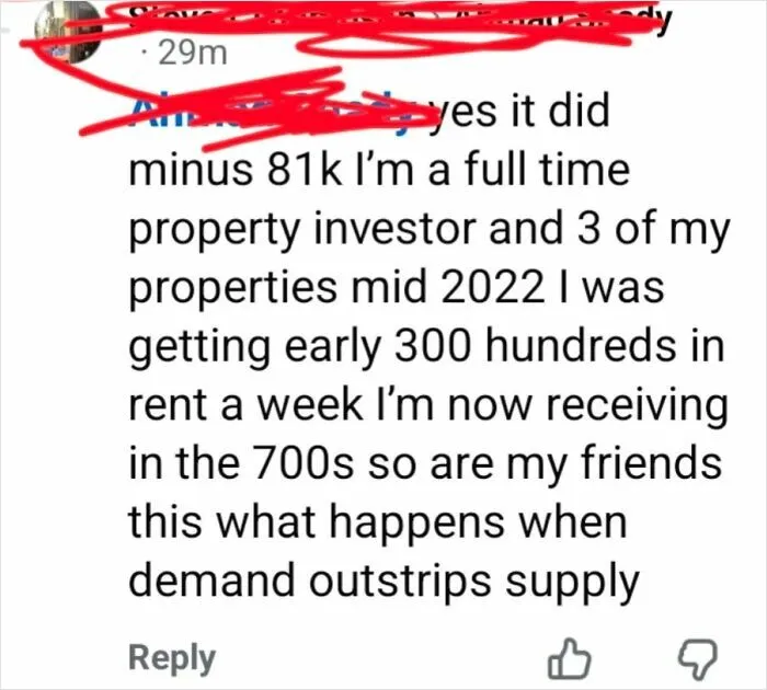 Social media comment about renting and booking market, discussing supply and demand of properties.