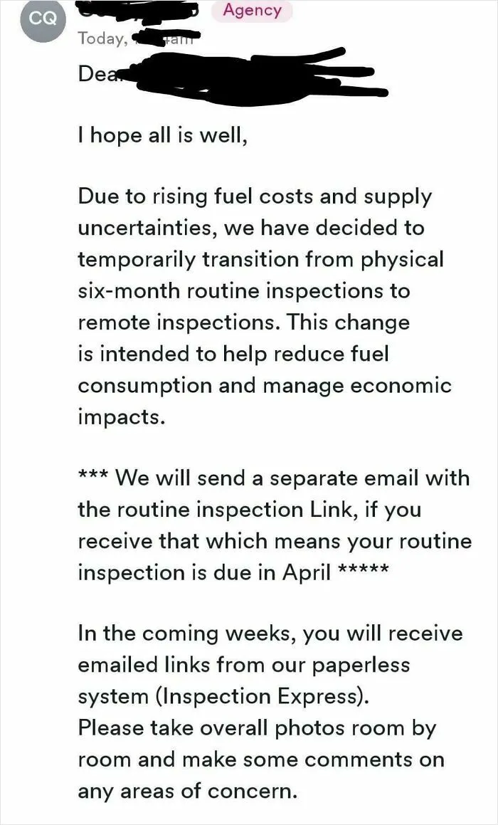 A notice from a renting and booking agency requesting remote inspections due to rising fuel costs.